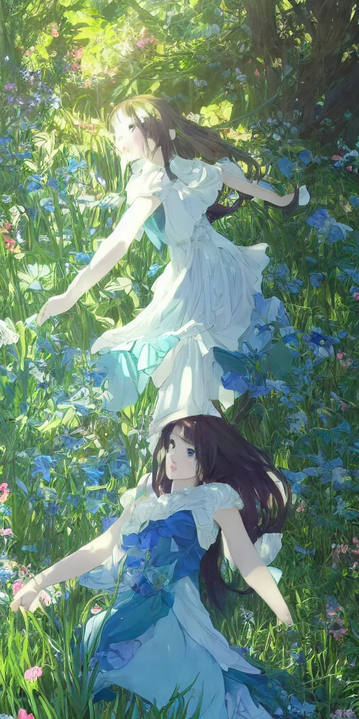 Image similar to a digital art of a loli with long hair in a dress in the privet garden at after noon, green and warm theme, blue accents, by krenz cushart and mucha and akihito yoshida and greg rutkowski and makoto shinkai, low angle, long shot, back lighting, detailed eyes, 4 k resolution, trending on art station