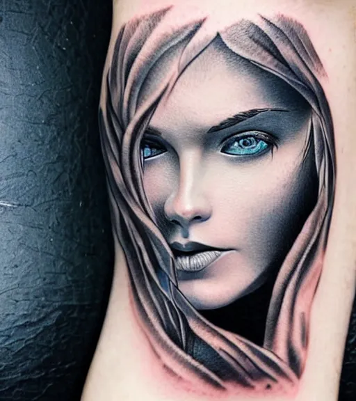 Image similar to tattoo design sketch of a beautiful blue - eyed woman face with a faded background of beautiful mountains and nature on her side, hyper - realistic, in the style of den yakovlev, amazing detail, black and white