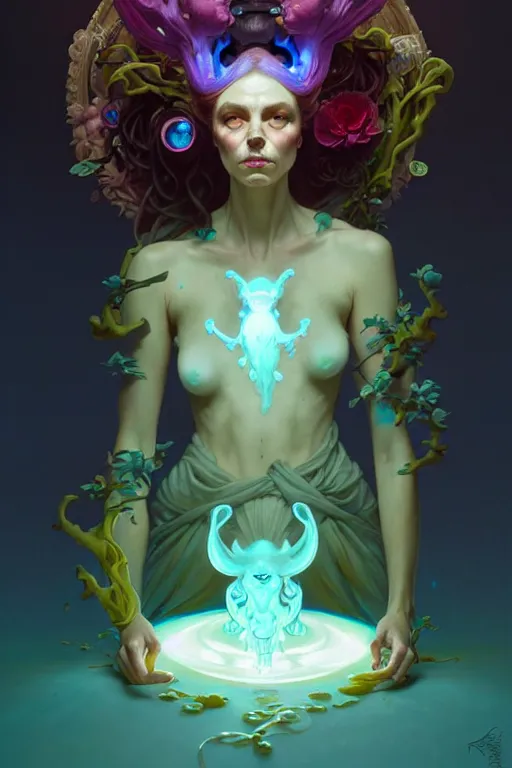 Image similar to portrait, bioluminescent druid, elegant baroque, asymmetrical art, hyperrealism, colorful, vivid, imposing, epic, digital painting, artstation, concept art, by peter mohrbacher and wlop and rhads and artgerm and magali villeneuve and alphonse mucha