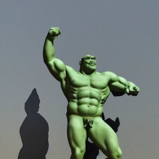 Prompt: greek marble statue of shrek flexing his arms behind his back