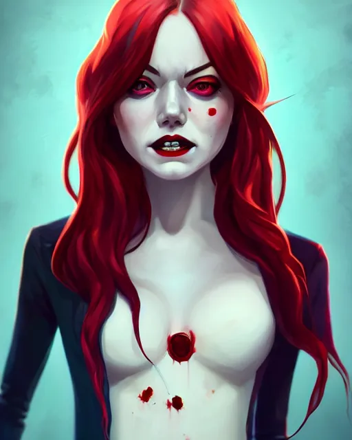 Image similar to a portrait of a beautiful full body Emma Stone vampire sharp teeth blood, art by lois van baarle and loish and ross tran and rossdraws and sam yang and samdoesarts and artgerm, digital art, highly detailed, intricate, sharp focus, Trending on Artstation HQ, deviantart, unreal engine 5, 4K UHD image