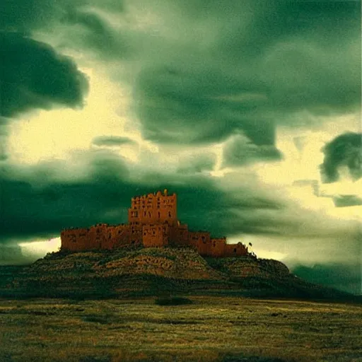 Prompt: A beautiful digital art of a castle in the clouds. Navajo green by Nan Goldin decorative, ominous