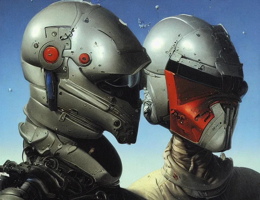 Image similar to a detailed portrait painting of a lone bounty hunter a flight suit and a reflective visor. Lasers coming from the eyes. Head and chest only. Movie scene, cinematic sci-fi scene. Flight suit. Futurism by beksinski carl spitzweg moebius and tuomas korpi. baroque elements. baroque element. intricate artwork by caravaggio. Oil painting. Trending on artstation. 8k