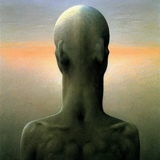 Image similar to highly detailed dystopian surreal painting of eerie head statues and buildings by zdzisław beksinski