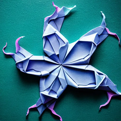 Image similar to an origami octopus, blue colors, macro photography, ambient light