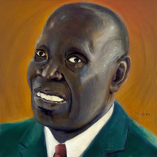 Image similar to a painting of a fatherly, aquiline nose, wide forehead, round face, XXL , loving, caring, generous, ever-present, humble, wise elder from Kenya with a friendly expression in a suit by Lynette Yiadom-Boakye . Fatherly/daddy, focused, loving, leader, relaxed,. ethereal lights, details, smooth, sharp focus, illustration, realistic, cinematic, artstation, award winning, rgb , unreal engine, octane render, cinematic light, macro, depth of field, blur, red light and clouds from the back, highly detailed epic cinematic concept art CG render made in Maya, Blender and Photoshop, octane render, excellent composition, dynamic dramatic cinematic lighting, aesthetic, very inspirational, arthouse.