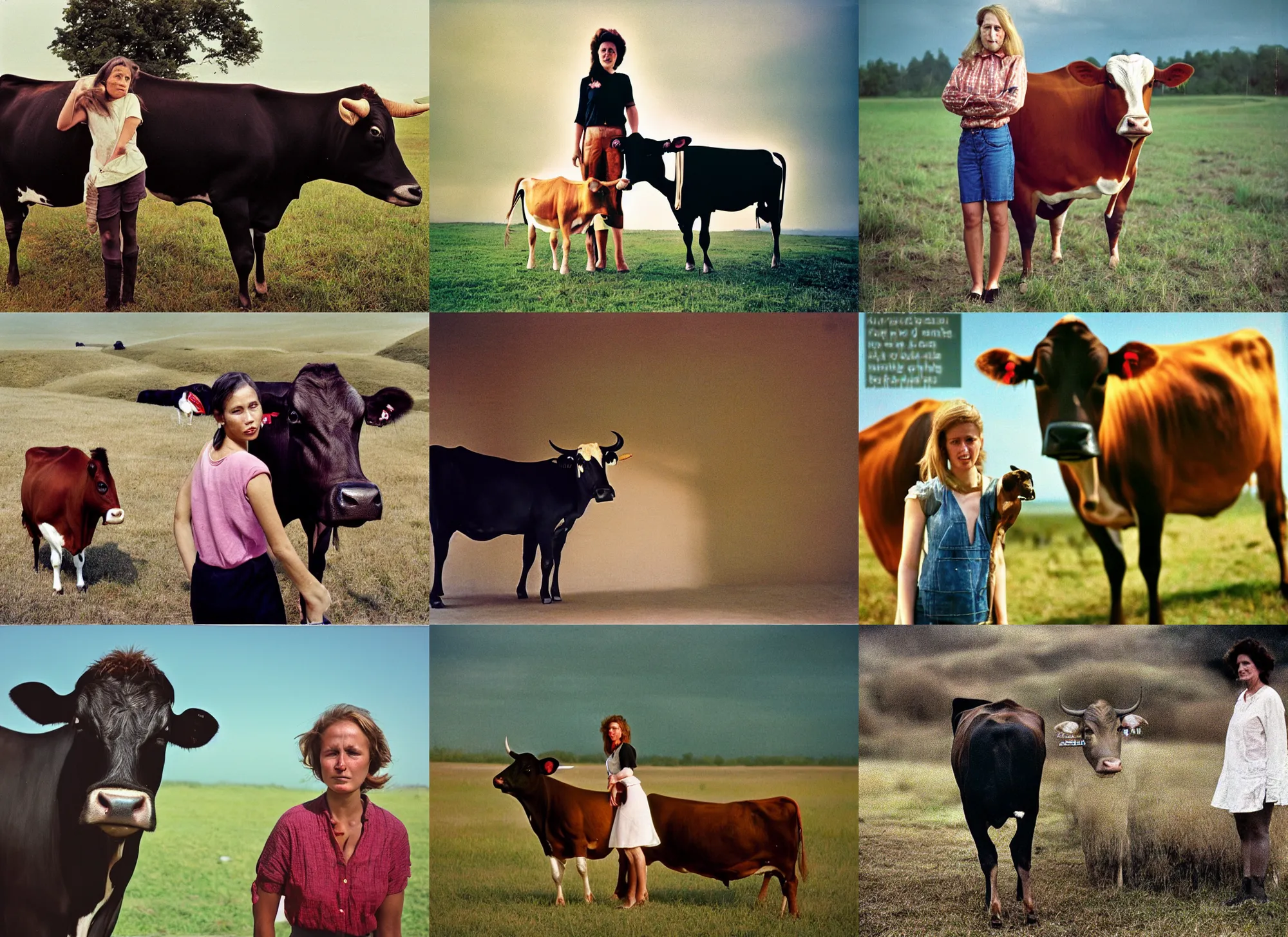 Prompt: a long - shot, color travel photograph portrait of a woman and a cow, day lighting, 1 9 9 0 photo from photograph magazine.