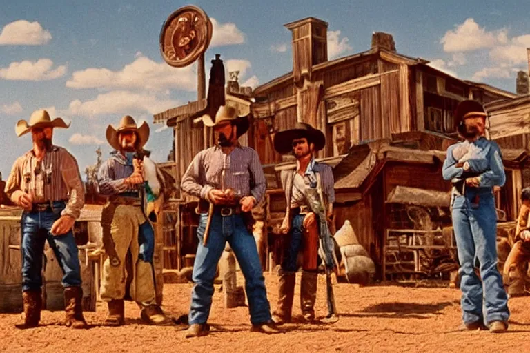 Prompt: minion cowboy saloon shootout, 3 5 mm scene from a western movie, 1 9 8 6, color