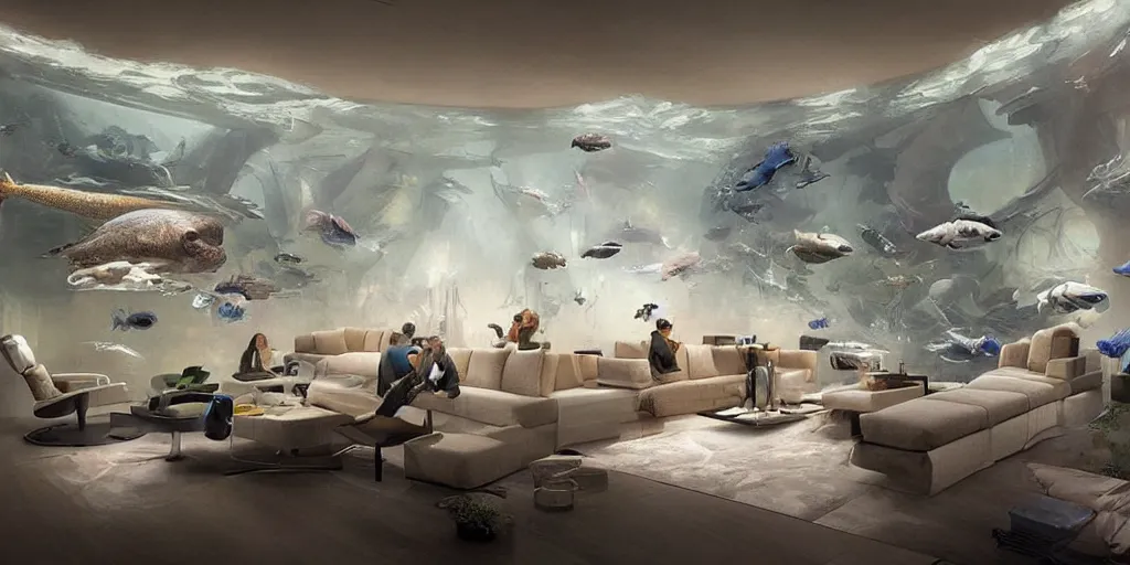 Prompt: In a futuristic large apartment, dimmed light, interior design, one of the wall is a HUGE aquarium with many many fishes _ james gurney, greg rutkowski