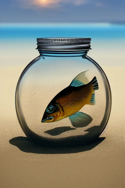 Prompt: a glass jar with a metal lid and fish swiming around inside, buried in sand on a beach. bokeh, hyperrealistic, cgsociety, artstation, 8 k, beautiful digital art