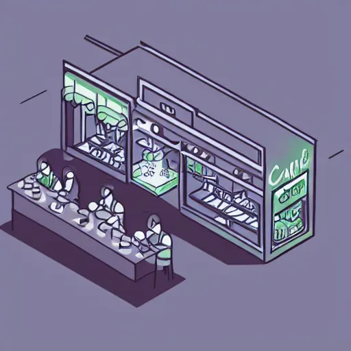 Image similar to hand - drawn minimalistic line portrait of cannabis cafe, isometric, ink, digital art