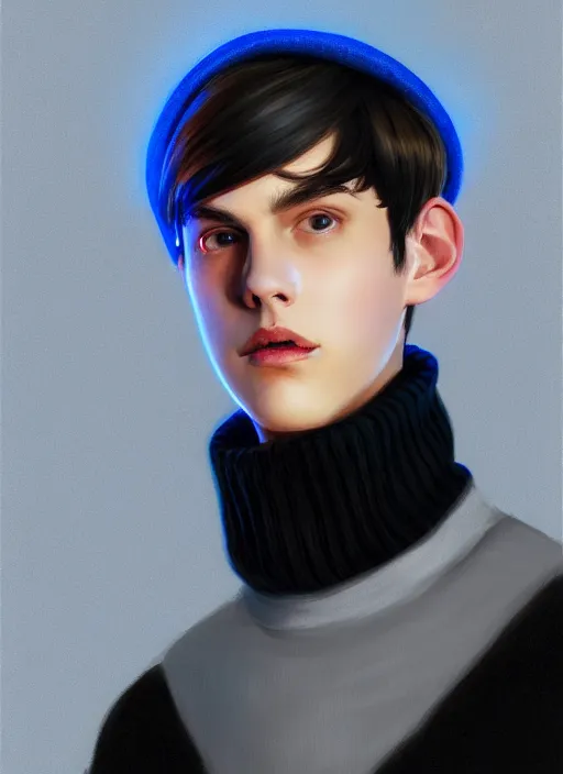 Image similar to portrait of teenage jughead jones wearing a light grey crown, crown, blue turtleneck, closed eyes, photorealistic, black hair, glowing lighting, intricate, elegant, glowing lights, highly detailed, digital painting, artstation, concept art, smooth, sharp focus, illustration, art by wlop, mars ravelo and greg rutkowski