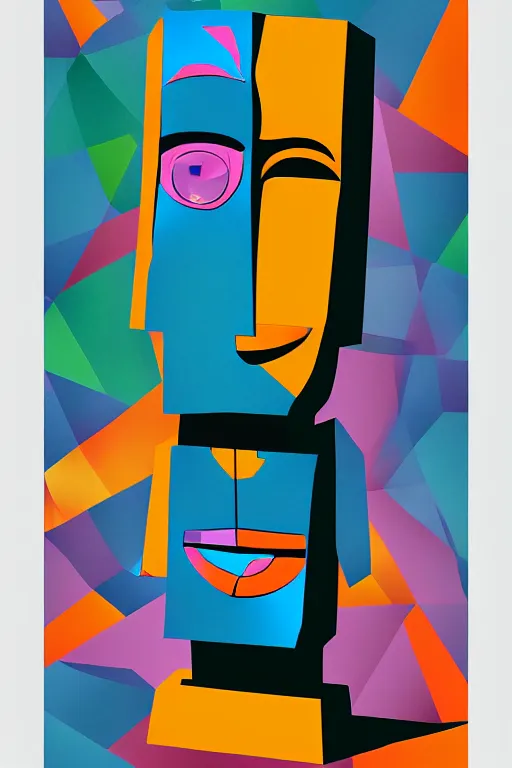 Image similar to cubist moai statue cutout digital illustration cartoon colorful beeple