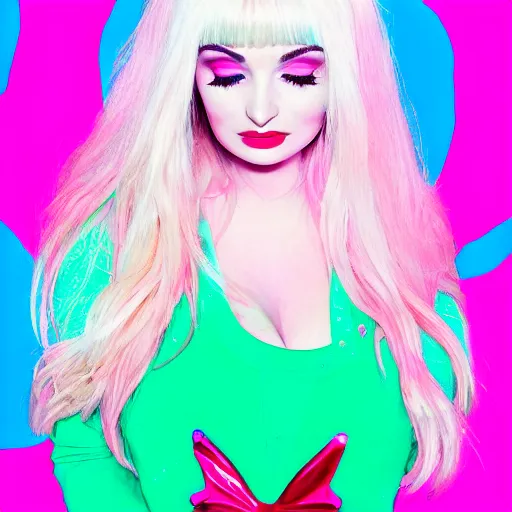 Image similar to kim petras in candyland portrait, eyes closed, album cover