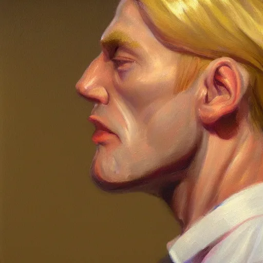 Prompt: a close up realistic portrait of a blonde man with a chiseled jawline, vibrant color, edward hopper, trending on artstation