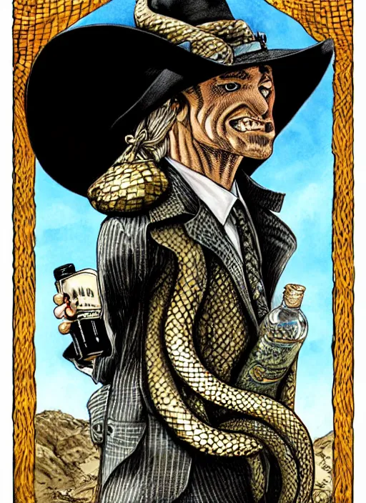 Prompt: portrait of a snake oil salesman wearing a snake suit and wide brimmed hat offering you a bottle of serum formula, art by Kentaro Miura