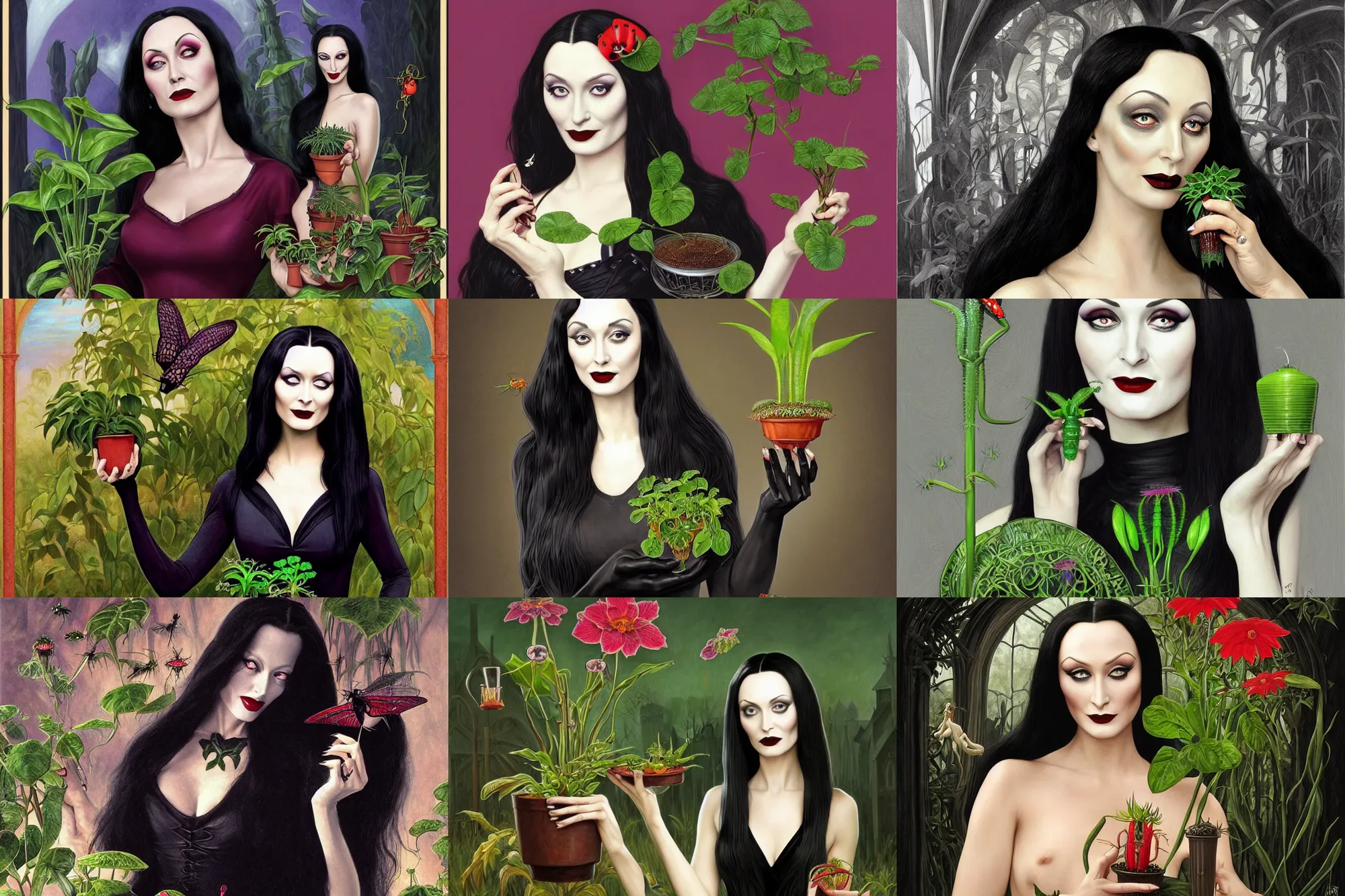 Prompt: beautiful cottagecore goth Morticia Addams from The Addams Family (1964) holding a potted venus flytrap plant, intricate, elegant, highly detailed, digital painting, artstation, concept art, smooth, sharp, focus, illustration, art by artgerm and greg rutkowski and alphonse mucha