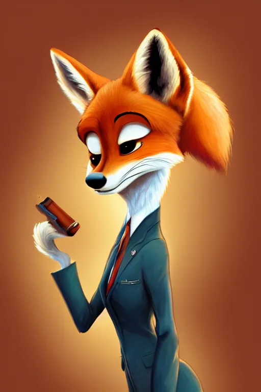 Image similar to oil painting of anthromorphic female fox, in style of zootopia, female fursona, furry, furaffinity, 4 k, deviantart, furry art, fursona art, wearing black business suit, business suit, fox fursona, nick wilde female, female, smug expression,