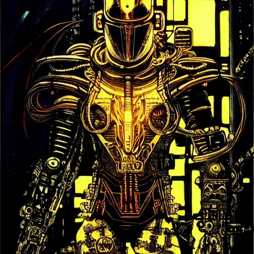 Image similar to cyberpunk knight, atmospheric lighting, painted, intricate, golden hour, ultra detailed by philippe druillet