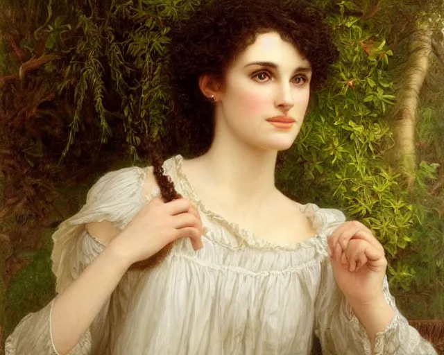 Prompt: portrait en buste of winona ryder winona ryder winona ryder kiera knightley in repose by Hughes Merle, by Pierre Auguste Cot, perfect detailed eyes, realistic fabric, abundant detail