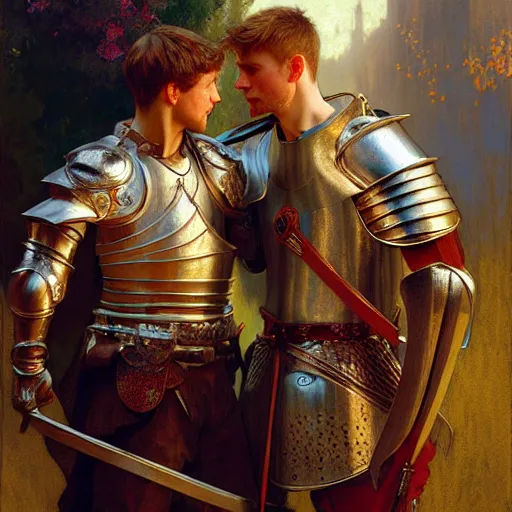 Image similar to attractive arthur pendragon and his attractive male knight, they are in love, natural lighting, path traced, highly detailed, high quality, digital painting, by gaston bussiere, craig mullins, alphonse mucha j. c. leyendecker