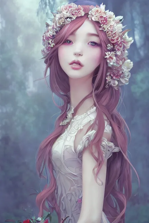 Image similar to romantic and fashion and love princess of the flower with sheath dress, 8 k realistic, teenager girl, baroque, symmetrical, flowing hair, smile, trending pinterest and pixiv, muted colors, hyperrealistic, l close up shot, character concept art, face by kyoung hwan kim, alexandra fomina, ilya kuvshinov