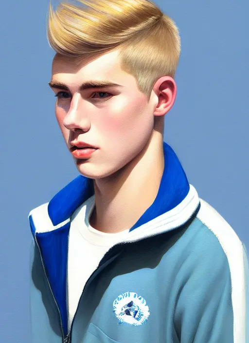 Image similar to portrait of a high school senior boy named moose mason, blonde short hair, jock, beefy, square jaw, square facial structure, 1 9 5 0 s, blue varsity jacket, intricate, elegant, glowing lights, highly detailed, digital painting, artstation, concept art, smooth, sharp focus, illustration, art by wlop, mars ravelo and greg rutkowski