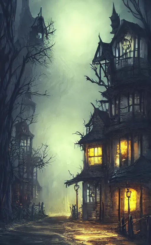 Prompt: dark fantasy concept art of a neighbor hood view at night of a Halloween decorated street, dynamic lighting, photorealistic, cinematic, ultra detailed, trending on art station, creepy, lonely vibe, stunning visuals, extreme detail, eery vibe