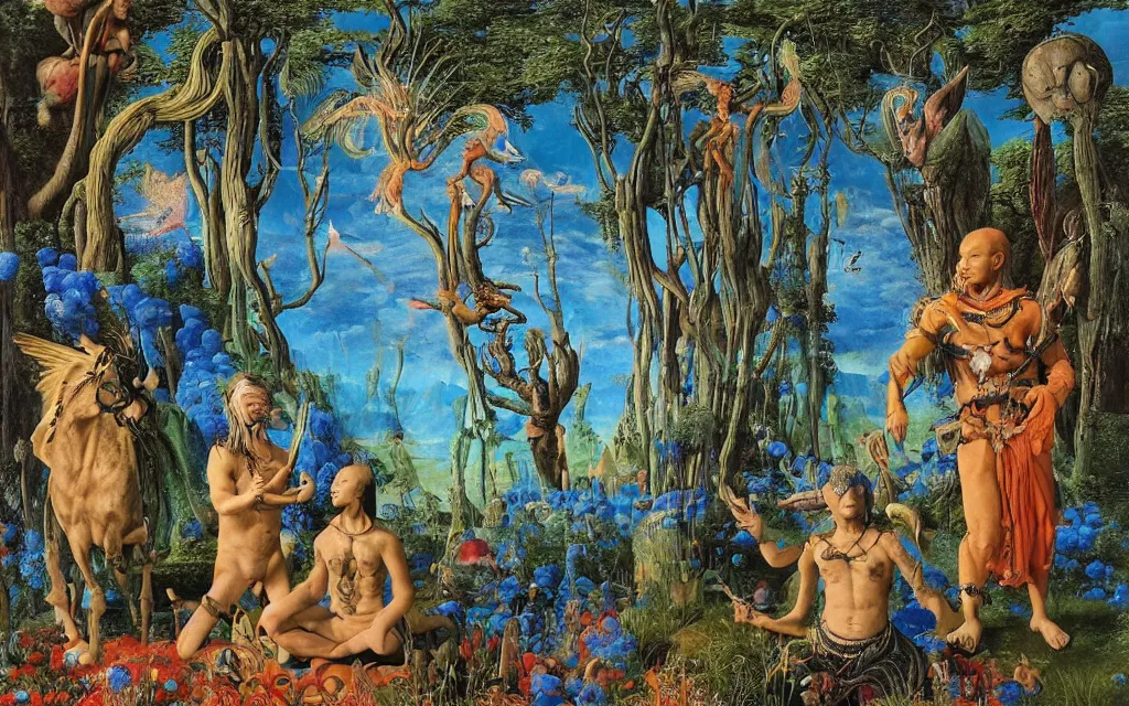 Image similar to a portrait photograph of a meditating shaman and a centaur monk riding a harpy and hunting at a river delta. surrounded by bulbous flowers and trees. mountain range under a blue sky of fiery stars. by jan van eyck, max ernst, ernst haeckel, ernst fuchs and artgerm, cgsociety, fashion editorial, 8 k