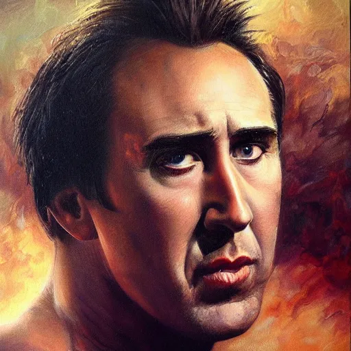 Prompt: detailed portrait of Nicholas Cage, intricate, hyper detailed, realistic, oil painting, by julie bell, frank frazetta, cinematic lighting