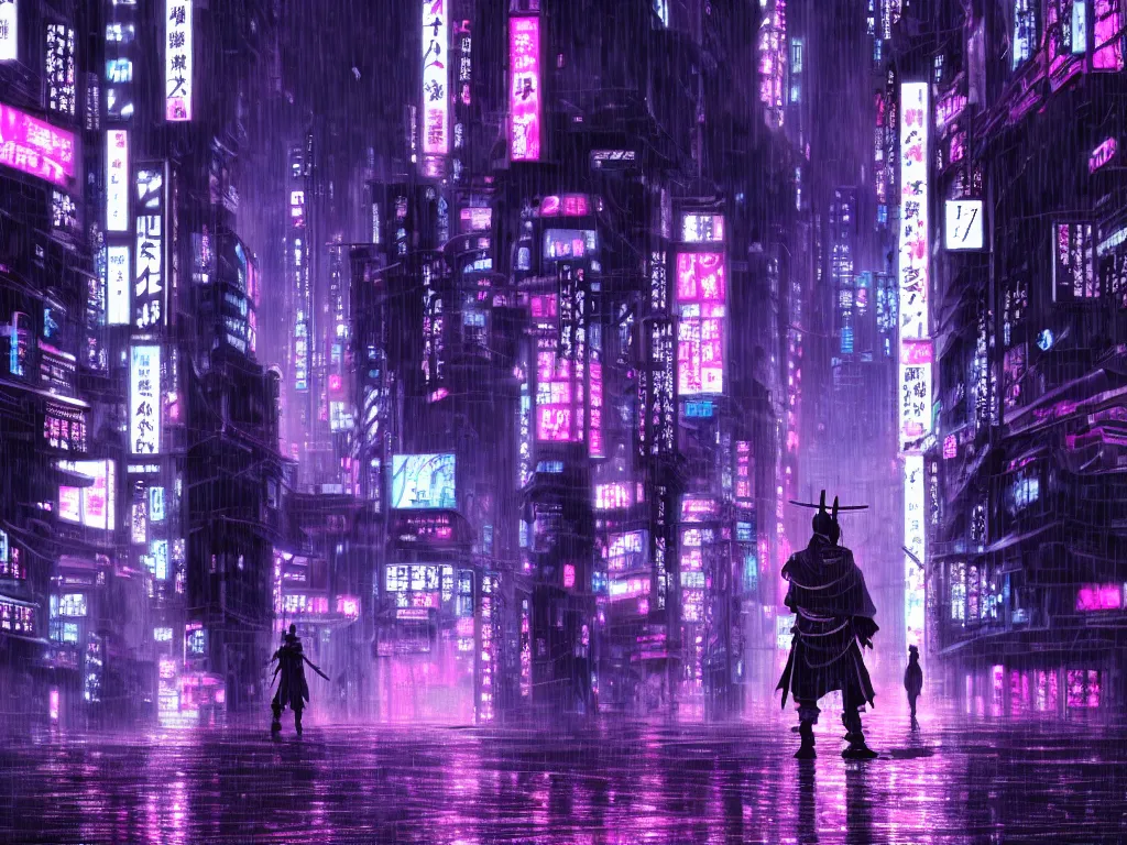 Image similar to high detailed lone samurai in a cyberpunk rainy city at night by Kentaro Miura, purple and pink and blue neons, unreal engine, high quality, 4K, UHD, trending on ArtStation, wires, blade runner vibes, ghost in the shell, akira, dorohedoro