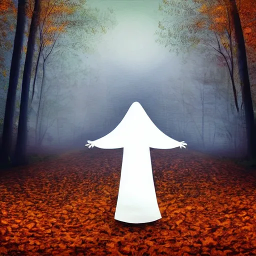 Image similar to ominous bedsheet ghost standing in an autumn forest, oil painting, brush strokes, gloomy misty atmosphere, symmetrical, full body image, highly ornate intricate details,