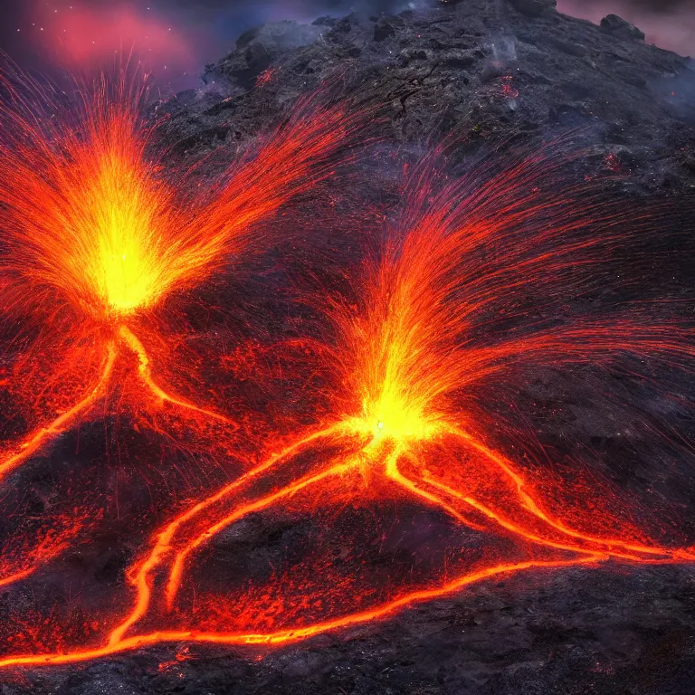 Image similar to a volcanic eruption from which come out flowers and stars exotic plants, all this happens in some kind of fantasy world, almost like in the sky or all in the amazing outdoors view, long exposure, 8 k resolution, trending on artstation