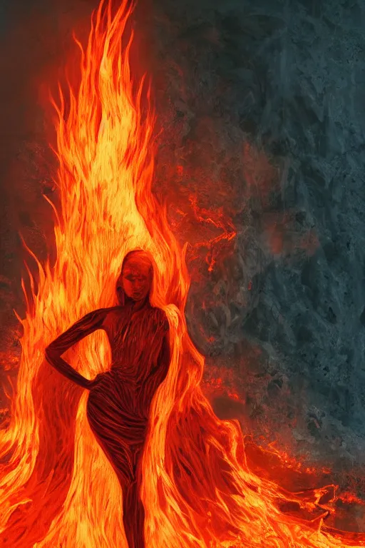 Image similar to high contrast woodblock of a eldritch volcanic fire goddess clothed in a flaming gown, volcanic embers, magma, diffused lighting, hyperrealism, fantasy character art by laura zalenga and alexander holllow fedosav, 8 k dop dof hdr