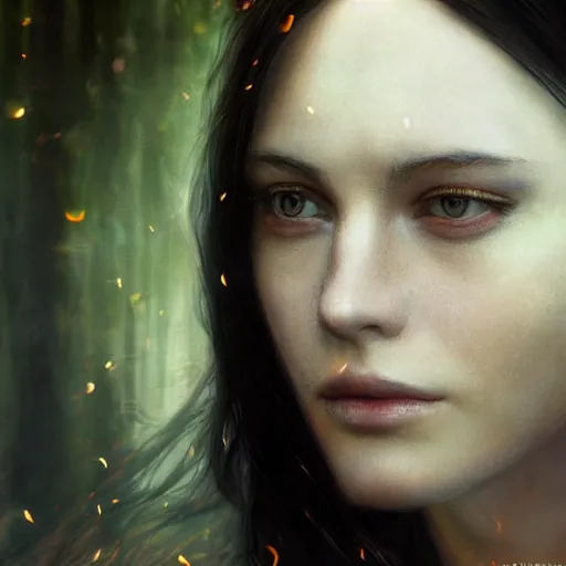 Image similar to Masterpiece! portrait of Arwen, an aesthetic beautiful! realistic black haired priestess, face close up, 30 years old woman, looks like young Liv Tyler, lotr , praying, with tears, soft cinematic light, digital painting by WLOP, atmospheric effects, fireflies, 8K, octane render, artstation, deviantart, closer view, dark purple blue tones