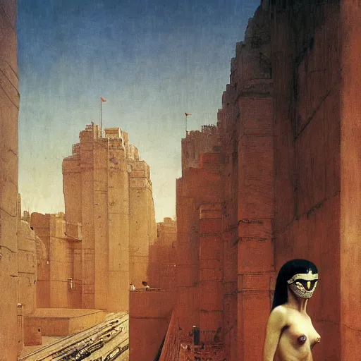 Prompt: portrait of naked cleopatra on the art deco streets of the undying empire city of ya - sattra during the festival of masks, no blur, award - winning realistic sci - fi concept art by beksinski, bruegel, greg rutkowski, alphonse mucha, and yoshitaka amano