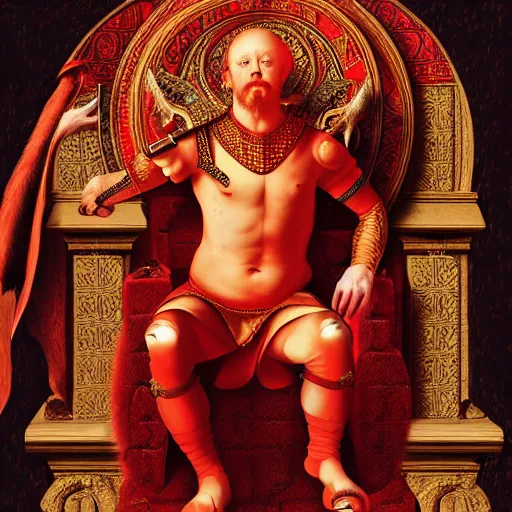 Image similar to a red tiger as the king of a kingdom sitting on his throne, digital art, renaissance painting, fantasy art, ultra detailed, as coherent as Dall-E 2