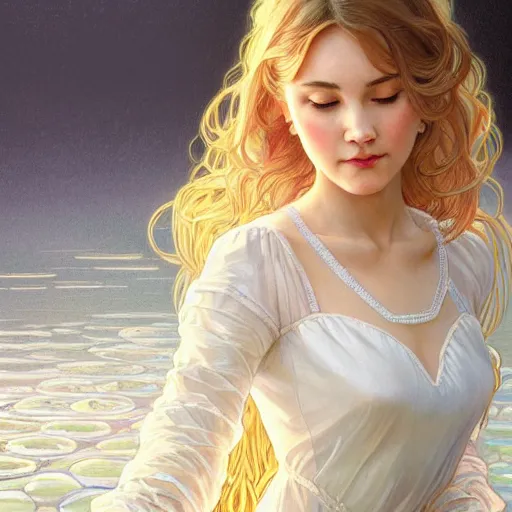 Image similar to long shot, woman posing, short wavy hair, round face, intricate white dress, cottagecore!!, inside water, intricate, enlightened, highly detailed, digital painting, artstation, concept art, smooth, sharp focus, illustration, art by artgerm and greg rutkowski and alphonse mucha