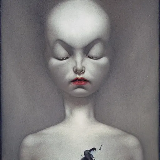 Image similar to in a dark bedroom sits an uncanny lonely ominous porcelain doll with cracks along it's face, by junji ito gerald brom by henry fuseli by zdzisław beksinski