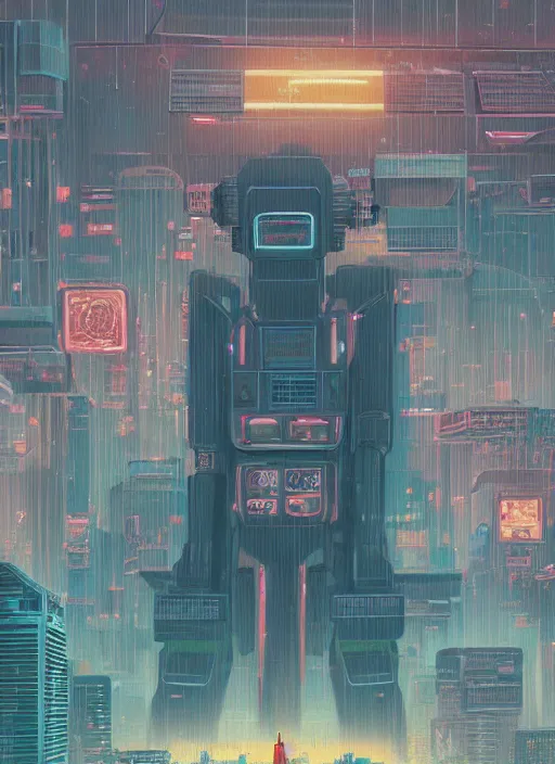 Image similar to a painting of a giant robot standing in front of a city, cyberpunk art by beeple by dan mumford, behance contest winner, nuclear art, dystopian art, apocalypse art, sci - fi