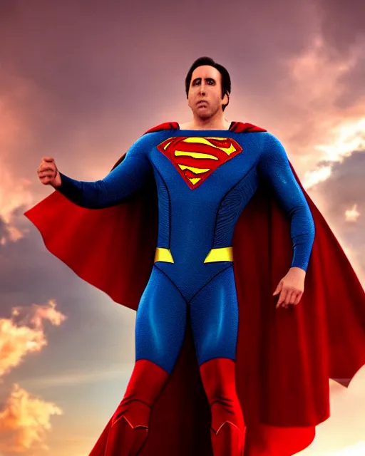 Image similar to Nicolas Cage as Superman, cinematic lighting, 4k photograph