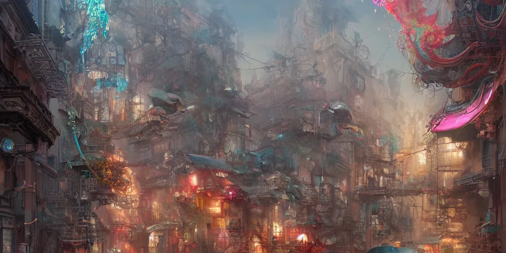 Prompt: a beautiful insanely detailed modern street surounded by intricate detailed color smashing fluid oilpaint, 3 d render, hyper realistic detailed, sharp, melting wax, fluid acrilic, thin fractal tendrils, intense colors, scifi, fantasy, hyper detailed, octane render, concept art, by peter mohrbacher, by wlop, by ruan jia