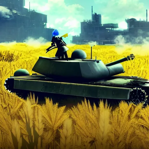 Image similar to a very high resolution image from nier : automata, featuring 9 s android destroying a t 6 2 russian tank in yellow rye field under pure blue skies