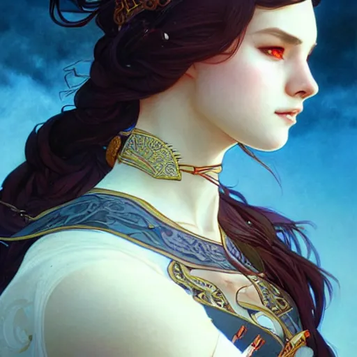 Image similar to breathtaking epic fantasy portrait of a female fighter in epic fantasy arena,, sunny weather, intricate, matte, sharp focus, illustration, art by Artgerm and Hsiao-Ron Cheng and Alphonse Mucha,, RPG portrait