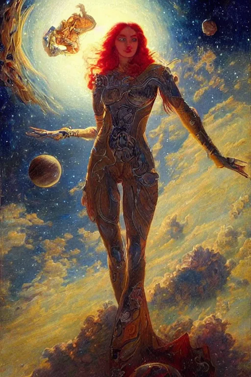 Prompt: “big chaotic beutiful and open space with many stars, redhead woman in futuristic spacesuit that revealing her beautiful fit body points to the infinity. High detailed style of Gaston Bussière, art nouveau”