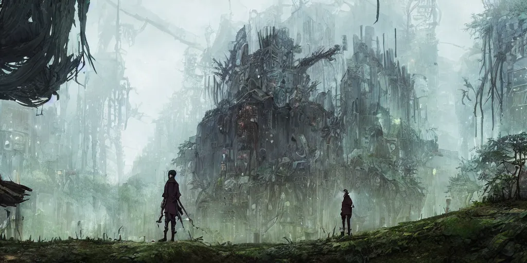 Image similar to a druid in postapocalyptic city intertwined with nature in the open space, low contrast, ivan laliashvili, studio ghibli and shinkai makoto, d render