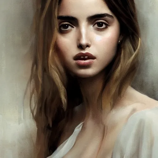 Image similar to portrait of beautiful happy young ana de armas wearing a beautiful silky white dress, painted by greg rutkowski