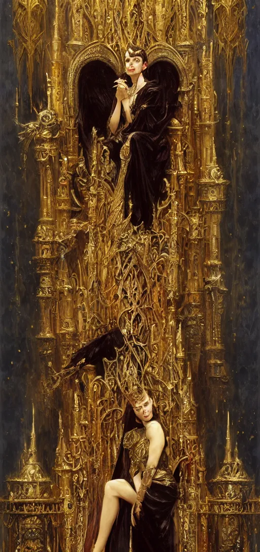 Image similar to full body portrait of beautiful vampire queen in gold gothic robe sitting on a throne of bones, elegant, highly detailed painting by gaston bussiere, craig mullins, j. c. leyendecker, 8 k, mid shot