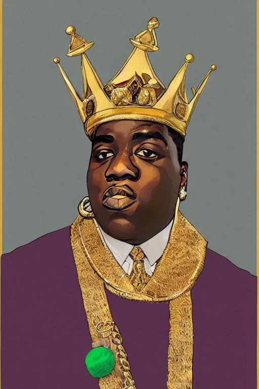 Image similar to portrait of rapper biggie smalls with kings crown and royal outfit, european, modern art, eclectic art, gold and colorful, illustration, by ramon casas