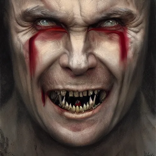 Prompt: vladimir putin, is vampire, vampire fangs, bloody horror, macabre by donato giancola and greg rutkowski and wayne barlow and zdzisław beksinski, realistic face, digital art